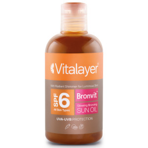 روغن آفتاب اکلیلی صورت و بدن ویتالیر  مدل bronvit glowing bronzing حجم 250 میلی‌لیتر، محافظت همزمان در برابر UVAUVB با SPF 6 و حاوی ویتامین A، غیر کمدون‌زا و مناسب انواع پوست