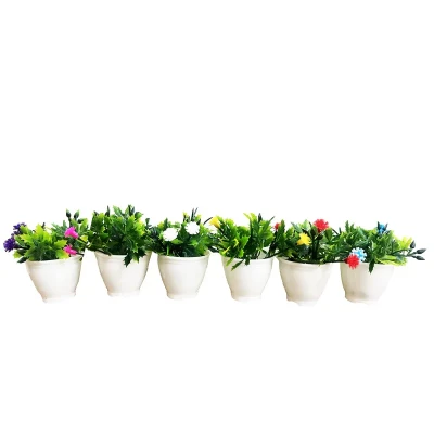 گلدان کوچک تزئینی به همراه گل مصنوعی مدل مینی رزی مجموعه 6 عددی با ابعاد 5x3x3 سانتی‌متر و وزن 100 گرم