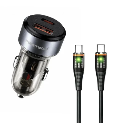 شارژر فندکی 70 وات دو پورت فرست یو مدل F070 به همراه کابل usb-C