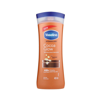 لوسیون بدن وازلین مدل Cocoa Glow حجم 400 میلی‌لیتر نرم کننده و آبرسان پوست خشک و حساس با عصاره کاکائو و شی باتر، حاوی ویتامین E، حفظ نرمی و لطافت پوست و جلوگیری از خشکی و خارش