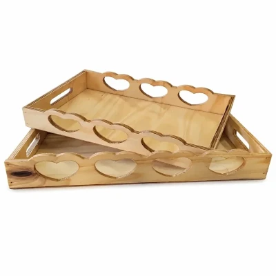 سینی دسته دار مدل چوبی طرح قلبی سایز 35*24 سانتی متر مجموعه دو عددی