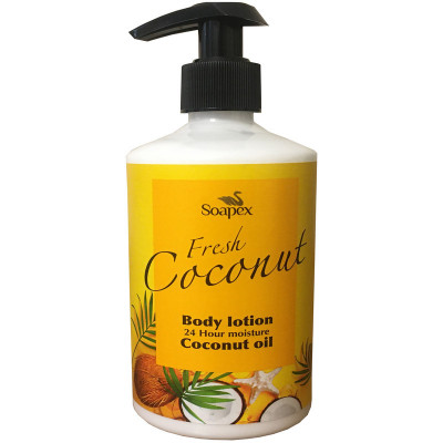 لوسیون بدن مرطوب‌کننده بانوان سوپکس مدل Coconut oil حجم 350 میلی‌لیتر با ترکیبات گلیسیرین و اوره و بسته‌بندی پمپی