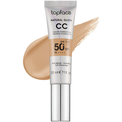 کرم پودر CC مایع +SPF50 تاپ فیس مدل NATURAL GLOW شماره 008 مناسب برای انواع پوست حجم 30 میلی لیتر