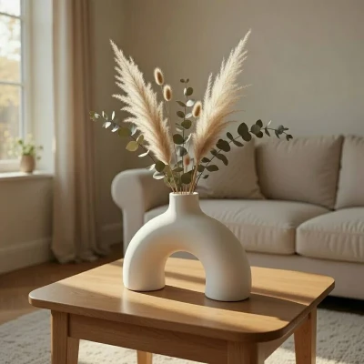 گلدان دکوری سفالی رومیزی با فرم کروی مناسب گل‌های خشک و تزئینی مدل nim donut کد d1 با ابعاد 18x20x18 سانتی‌متر و وزن 200 گرم