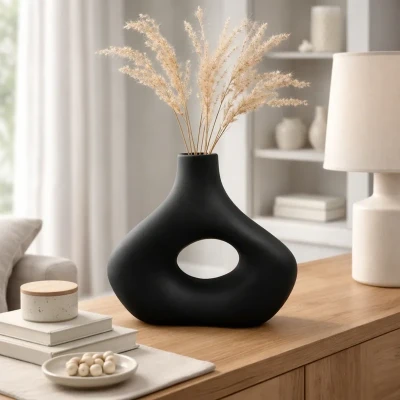گلدان دکوری رومیزی مدل Noir کد P500 از جنس سفالی با بدنه اکریلیک، ابعاد 18×18×16 سانتی‌متر، وزن 200 گرم
