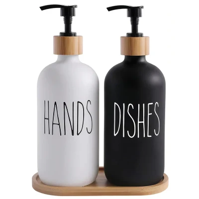 مخزن مایع دستشویی رومیزی مدل ِDISHES &amp; HANDS مجموعه 2 عددی به همراه استند