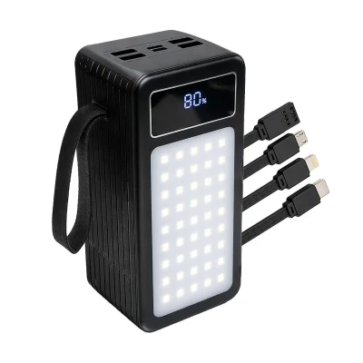 پاوربانک 22.5 وات پی زد ایکس مدل V89s PD Fast Charge ظرفیت 50000 میلی‌آمپرساعت به همراه چهار کابل متصل USB-A، USB-C، MicroUSB و لایتنینگ