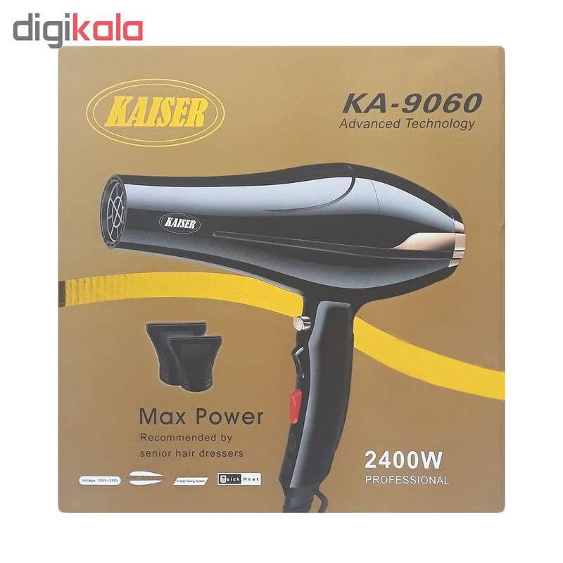 سشوار حرفه‌ای 2400 وات کایزر مدل KA-9060، موتور AC، وزن 550 گرم، المنت سرامیک، دارای سری متمرکز‌کننده پهن با قابلیت باد سرد
