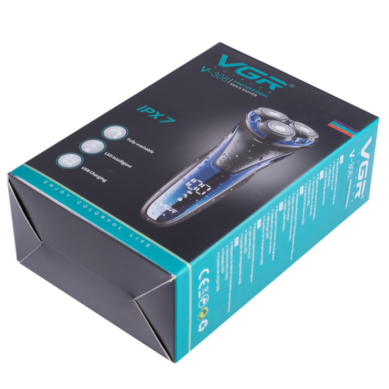ماشین اصلاح موی صورت وی جی آر مدل V-306 با تیغه استیل ضد زنگ چرخشی، حرکت سری در 5 جهت، استفاده خشک و مرطوب، شارژ USB و نمایشگر LED میزان شارژ