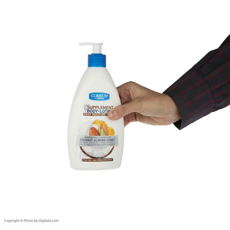 لوسیون بدن کامان مدل Coconut حجم 510 میلی‌لیتر حاوی عسل، نارگیل و بادام، مرطوب‌کننده عمیق، جذب سریع، مناسب انواع پوست و محافظت‌کننده