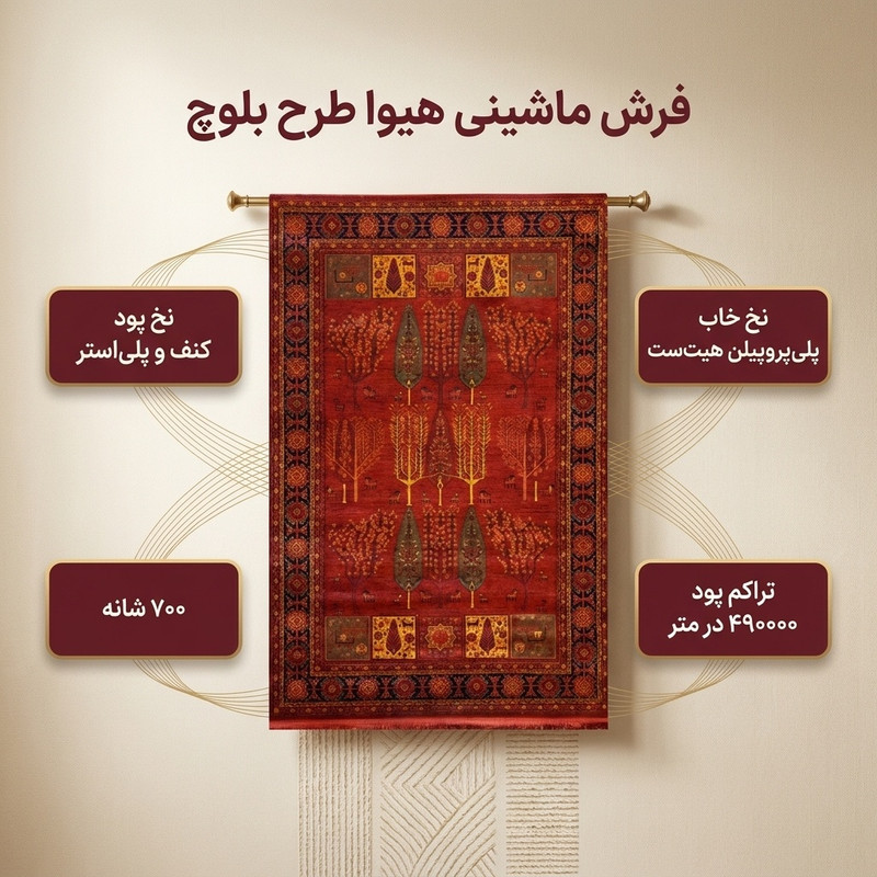 فرش ماشینی هیوا طرح بلوچ کد 3-212 زمینه لاکی