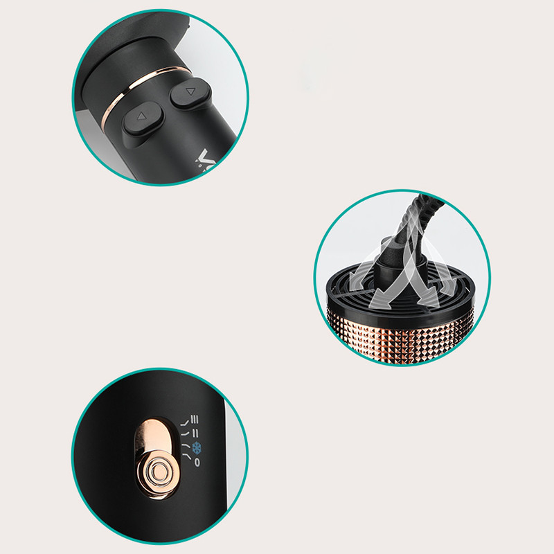 سشوار برس‌دار چرخشی 800 وات وی جی ار مدل V-494، موتور DC، وزن 300 گرم، المنت فلز، با قابلیت باد سرد، فناوری تولید یون، با قابلیت سیم گردان