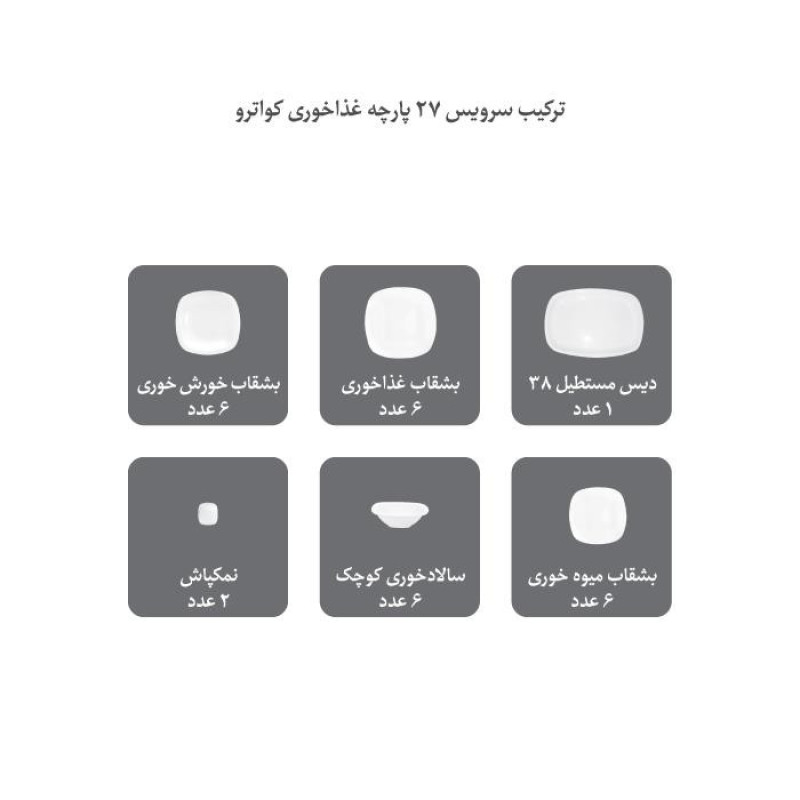 سرویس غذاخوری 27 پارچه چینی زرین ایران سری کواترو مدل ریوا درجه عالی