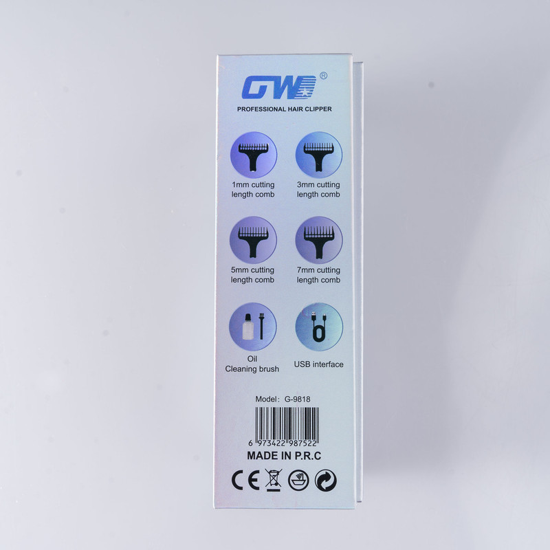 ماشین اصلاح موی سر و صورت جی دبلیو مدل G-9818، اصلاح به صورت صفر زن، خط زن، باقابلیت تنظیم سرعت و طراحی ارگونومیک، تکنولوژی اصلاح به صورت تریم، مدت زمان شارژ 120 دقیقه و مدت زمان استفاده پس از شارژ 100 دقیقه، دارای چراغ نشانگر عملکرد و شارژ و دو حالت سرعت