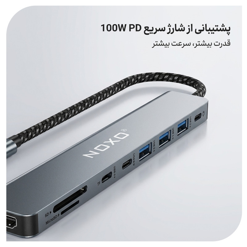 هاب 9 پورت USB-C نوکسو مدل HUB-N1 9in1 با پشتیبانی شارژ PD 100 وات، HDMI 4K، USB 3.0 و کارت‌خوان SDTF