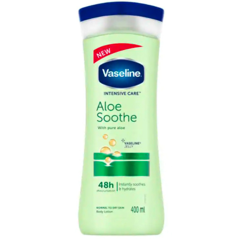 لوسیون بدن وازلین مدل Aloe Soothe حجم 400 میلی‌لیتر نرم‌کننده و آبرسان پوست خشک و معمولی با عصاره آلوئه ورا جذب سریع و حفظ لطافت و نرمی پوست بعد از استحمام