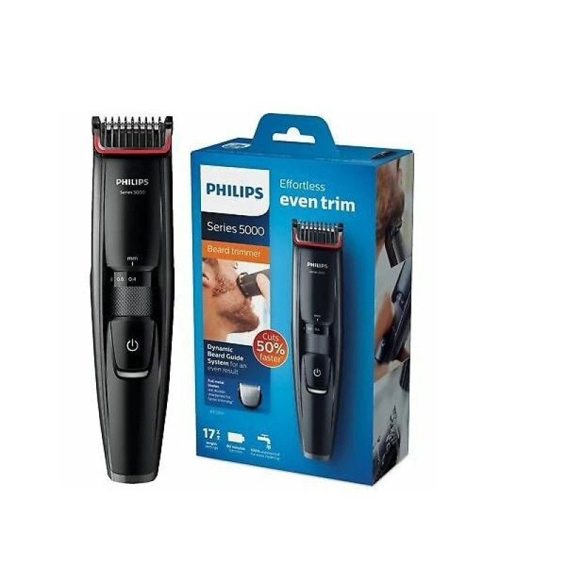 ماشین اصلاح موی صورت فیلیپس مدل BT520016 با تیغه‌های استیل ضدزنگ خود تیزشونده، طول اصلاح 0.4 تا 10 میلی‌متر، قابلیت استفاده با باتری و برق، شارژ USB یک ساعته و ضدآب با طراحی ارگونومیک و شانه قابل تنظیم دستی