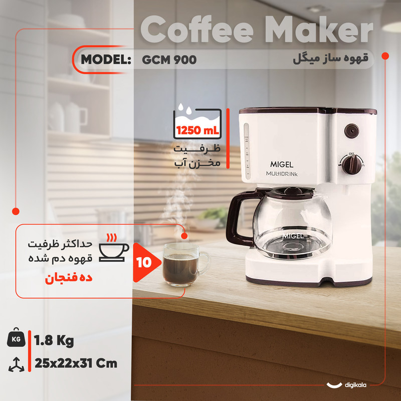 قهوه‌ساز میگل مدل GCM 900، با فیلتر دائمی، دارای صفحه گرم نگهدارنده قهوه