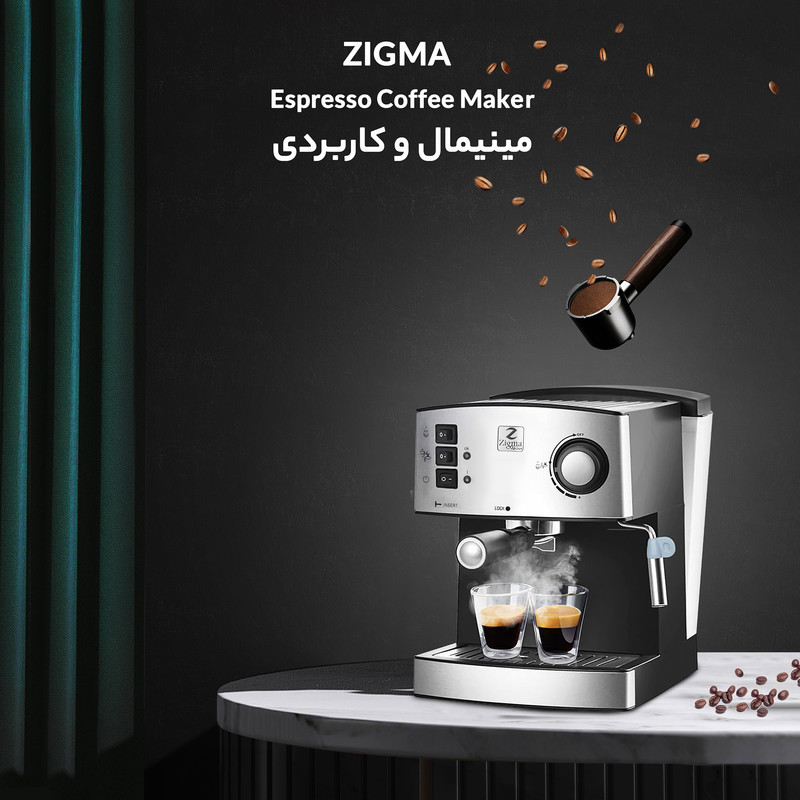 اسپرسو ساز خانگی 1.6 لیتری زیگما مدل RL-222، نیمه اتوماتیک با مصرف پودر قهوه، مناسب تهیه اسپرسو، کافه لاته، موکا و کاپوچینو، دارای یک عدد نازل قهوه، سیستم گرم کردن فنجان