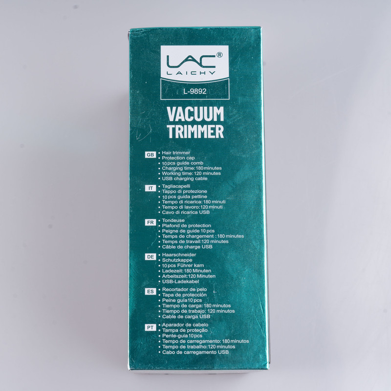 ماشین اصلاح موی صورت شارژی لاک لایچی مدل L-9892 با سیستم وکیوم جمع‌آوری مو، دو سرعت قابل تنظیم، تیغه استیل ضد زنگ، ضد آب با استاندارد IPX6، شانه قابل تنظیم 1 تا 20 میلی‌متر، باتری 1400 میلی‌آمپر ساعت با شارژ USB و قفل سفری