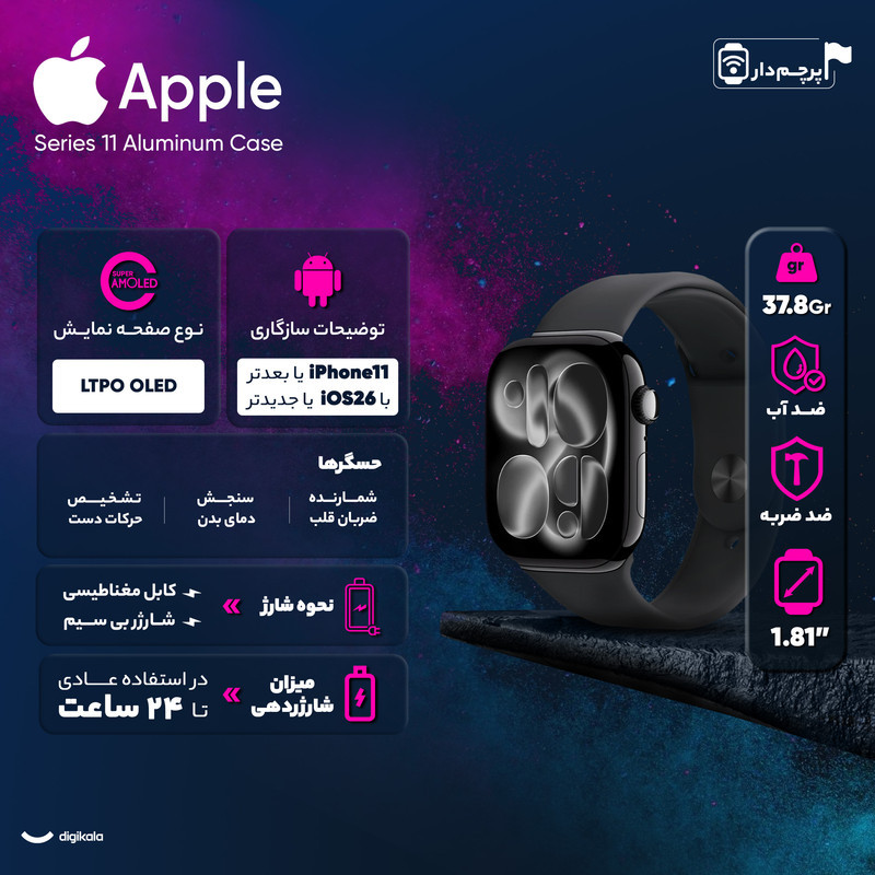 ساعت هوشمند 46 میلی متری اپل مدل Series 11 Aluminum Case با بند سیلیکونی
