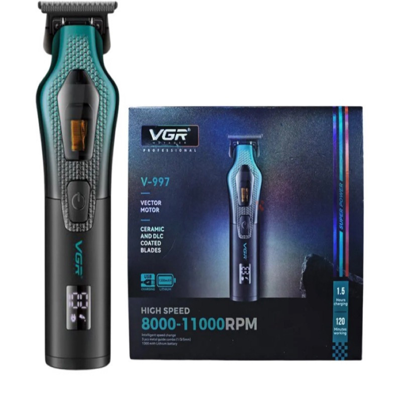 ماشین اصلاح موی سر و صورت وی جی ار مدل V-997 با موتور 11000 دور در دقیقه، باتری لیتیوم یونی 2500 میلی‌آمپر ساعت، تیغه سرامیک ضد التهاب، قابلیت تنظیم سرعت و نمایشگر میزان شارژ
