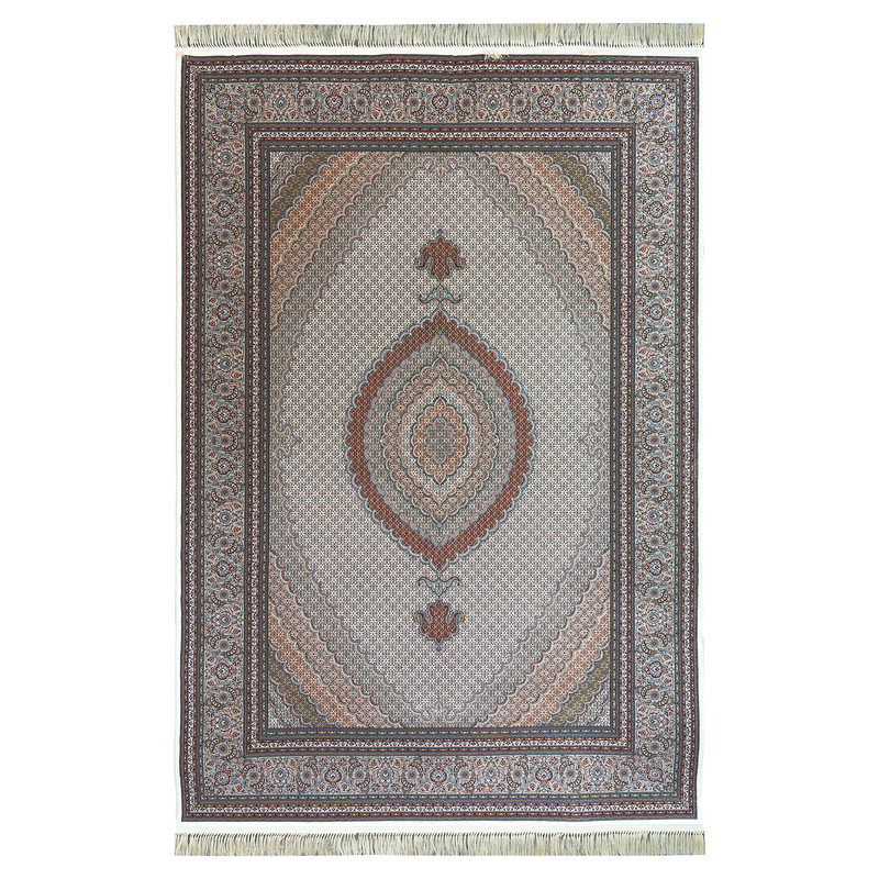 فرش ماشینی 1200 شانه فرش مشهد زمینه کرم حاشیه نقره ای مدل 802115