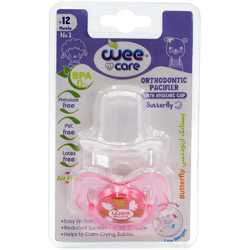 پستانک ارتودنسی وی کر مدل دربدار دسته دار شفاف چاپدار پروانه ای سایز +12 ماه کد P129
