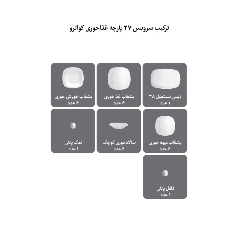 سرویس غذاخوری 27 پارچه چینی زرین ایران سری کواترو مدل والنسیا درجه یک