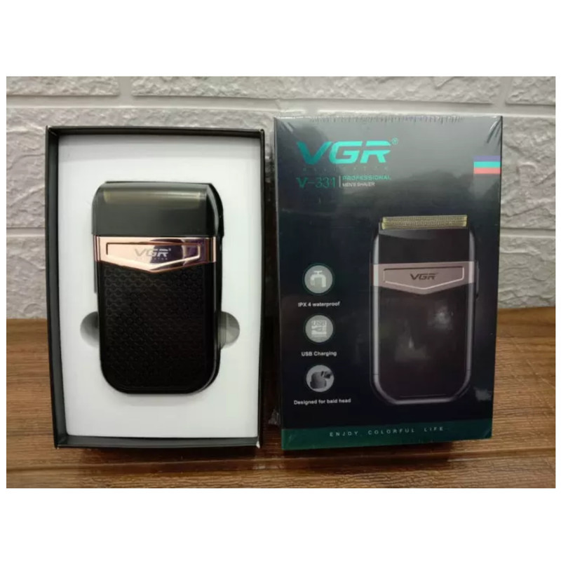 ماشین اصلاح موی صورت وی جی ار مدل 331 ضدآب با طراحی ارگونومیک، تیغه استیل پیشرفته سه‌تیغه، شارژ USB و قابلیت استفاده خشک و مرطوب