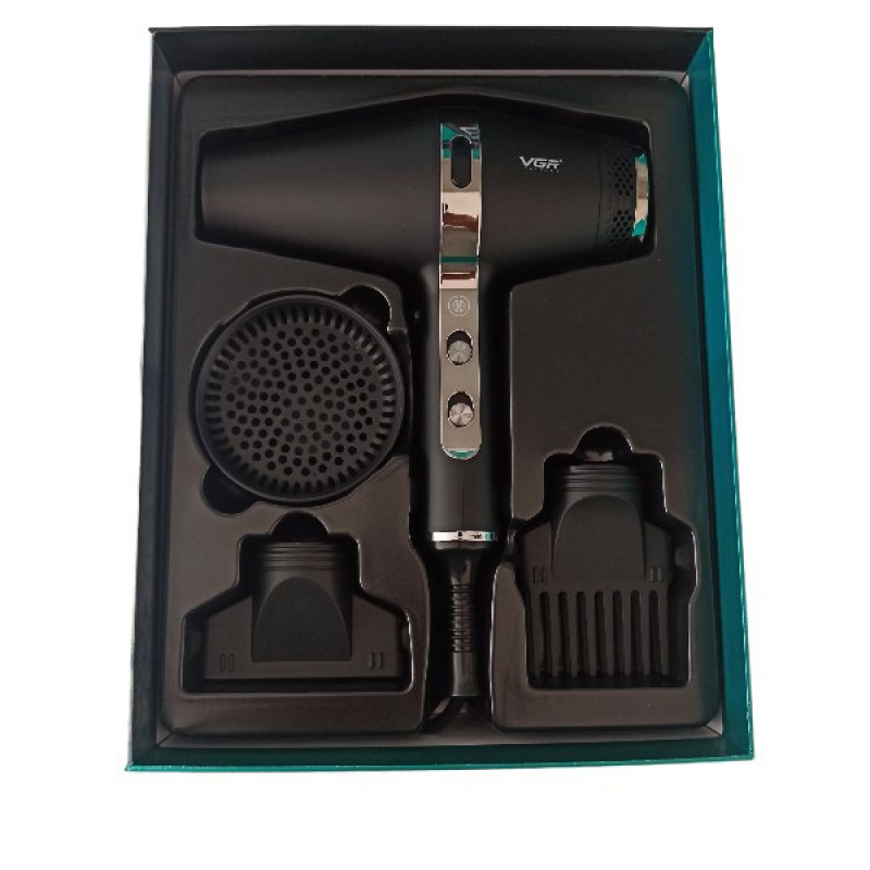 سشوار حرفه‌ای 2200 وات وی جی ار مدل V-451، موتور AC، وزن 1200 گرم، المنت سرامیک تورمالین، دارای سری دیسپانسر، متمرکز‌کننده پهن، سری شانه‌دار با ویژگی فرکنندگی، صاف‌کنندگی، حجم‌دهندگی، با قابلیت عملکرد توربو، خشک‌کردن سریع