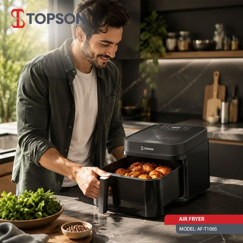 سرخ‌کن هواپز 6 لیتری تاپسون AF-T1065 با توان 1700 وات، دمای 80 تا 200 درجه، تایمر 60 دقیقه‌ای، بیش از 7 برنامه پخت و شست‌وشوی اقلام جانبی در ماشین ظرفشویی