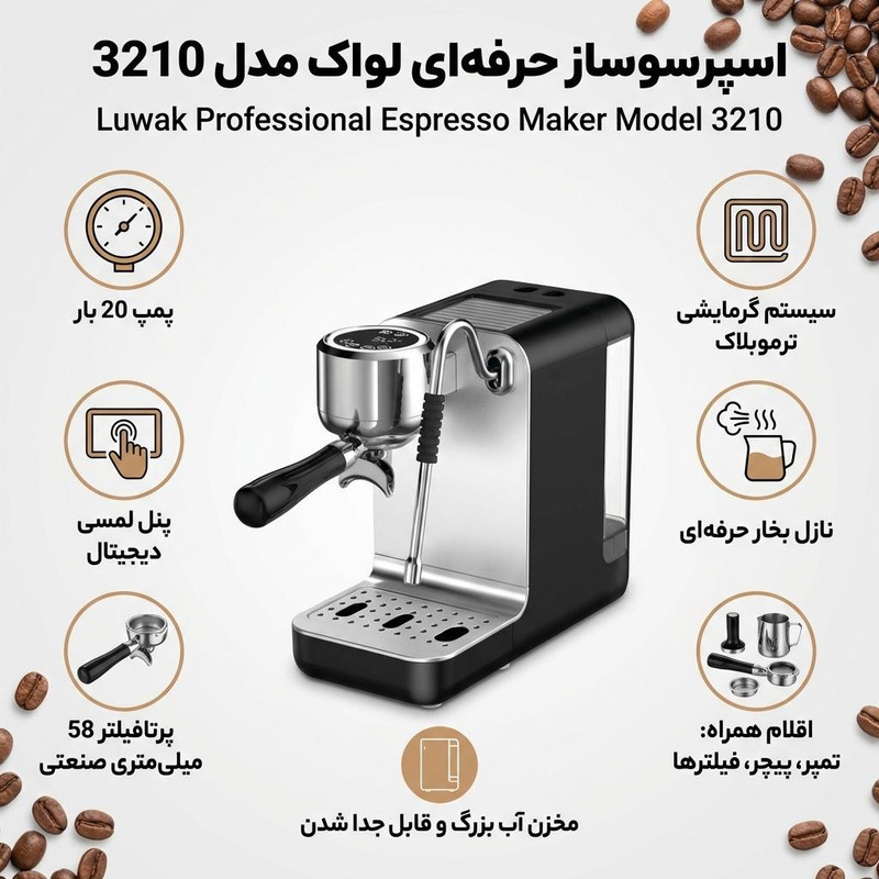 اسپرسوساز نیمه صنعتی لواک مدل 3210، مناسب تهیه اسپرسو، کافه لاته و کاپوچینو، دارای 1 عدد نازل قهوه، سیستم گرم کردن فنجان، سینی چکه گیر