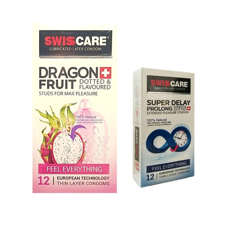 کاندوم سوئیس کر مدل DRAGON FRUIT بسته 12 عددی به همراه کاندوم سوئیس کر مدل SUPER DELAY بسته 12 عددی