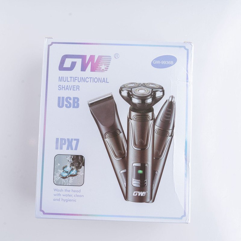 ست ماشین اصلاح موی صورت و بینی شارژی جی دبلیو مدل GW-9936B، اصلاح به صورت صفر زن، خط زن و حجم زن، منبع انرژی با باتری، تکنولوژی اصلاح به صورت برش چرخشی، اندازه اصلاح 0.1 میلی‌متر، مدت زمان شارژ 60 دقیقه و مدت زمان استفاده پس از شارژ 150 دقیقه، ضد آب