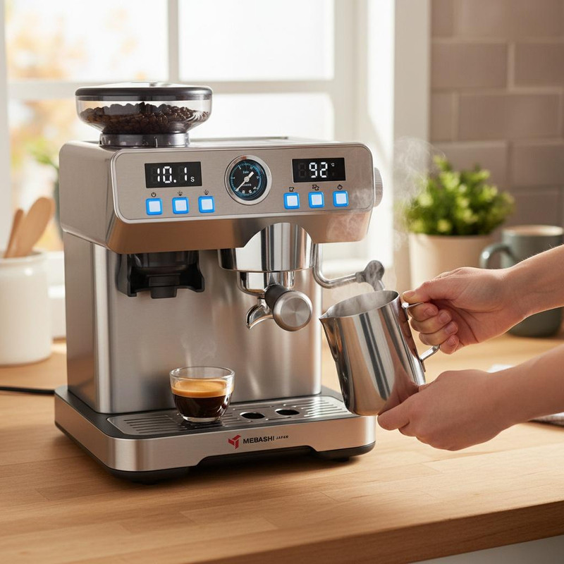 اسپرسوساز نیمه صنعتی مباشی مدل ME-CCM2069SS، 20 بار، 1360 وات، دارای آسیاب 24 حالته، مخزن دانه قهوه 120 گرمی و نمایشگر دیجیتال