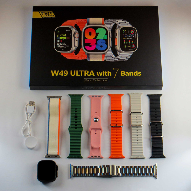 ساعت هوشمند ورنا مدل W49 Ultra with 7 Bands دارای قابلیت های کنترل موسیقی (Music Player)، قابلیت مکالمه از طریق بلوتوث، پشتیبانی از زبان فارسی در منو و سیستم‌عامل بند سیلیکون