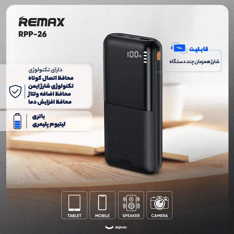 پاوربانک 12 وات ریمکس مدل RPP-26 ظرفیت 20000 میلی آمپر ساعت