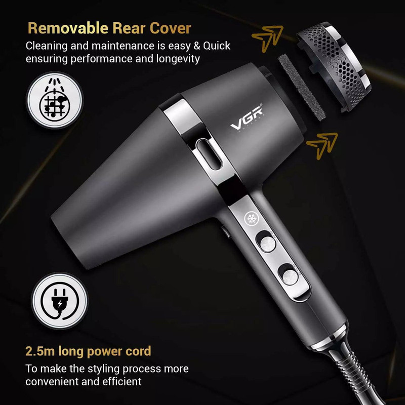 سشوار حرفه‌ای 2200 وات وی جی ار مدل V-451، موتور AC، وزن 1200 گرم، المنت سرامیک تورمالین، دارای سری دیسپانسر، متمرکز‌کننده پهن، سری شانه‌دار با ویژگی فرکنندگی، صاف‌کنندگی، حجم‌دهندگی، با قابلیت عملکرد توربو، خشک‌کردن سریع