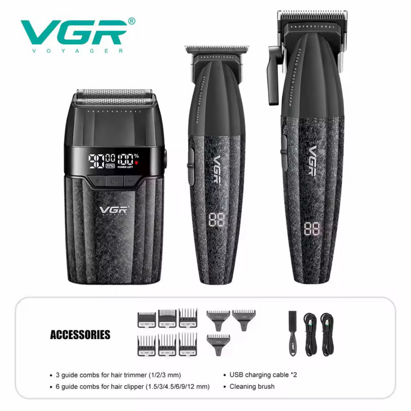 ماشین اصلاح موی سر و صورت شارژی وی جی ار مدل V-640 s3 مجموعه 3 عددی