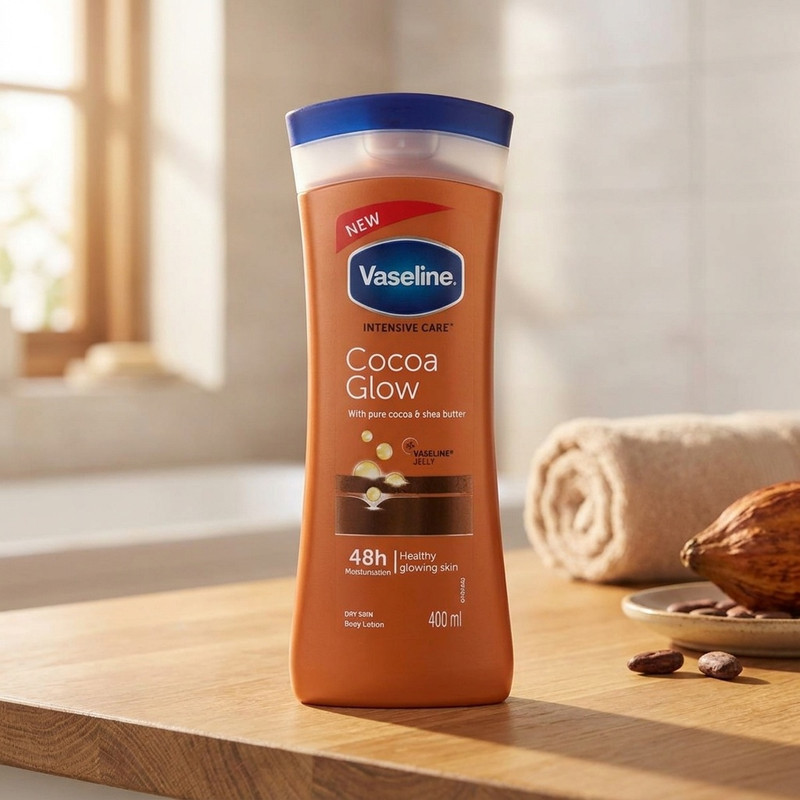 لوسیون بدن وازلین مدل Cocoa Glow حجم 400 میلی‌لیتر نرم کننده و آبرسان پوست خشک و حساس با عصاره کاکائو و شی باتر، حاوی ویتامین E، حفظ نرمی و لطافت پوست و جلوگیری از خشکی و خارش