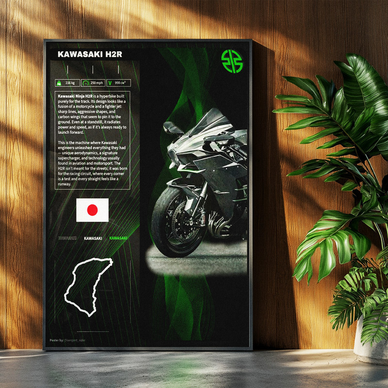 تابلو بکلیت طرح موتور سنگین نینجا کاوازاکی NINJA KAWASAKI H2R مدل b-po1685 فریم مشکی
