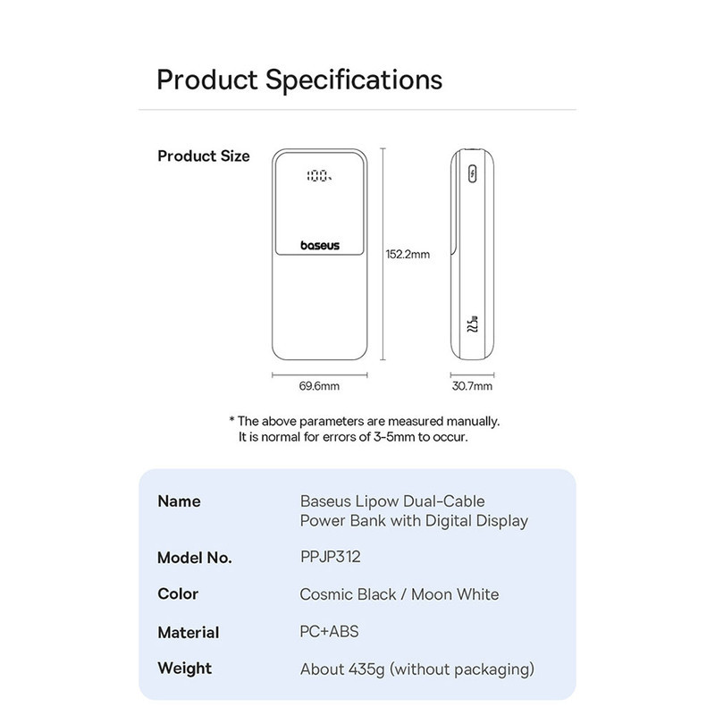 پاوربانک 22 وات بیسوس مدل LIPOW Dual ظرفیت 20000 میلی‌آمپرساعت به همراه کابل USB-C و لایتنینگ