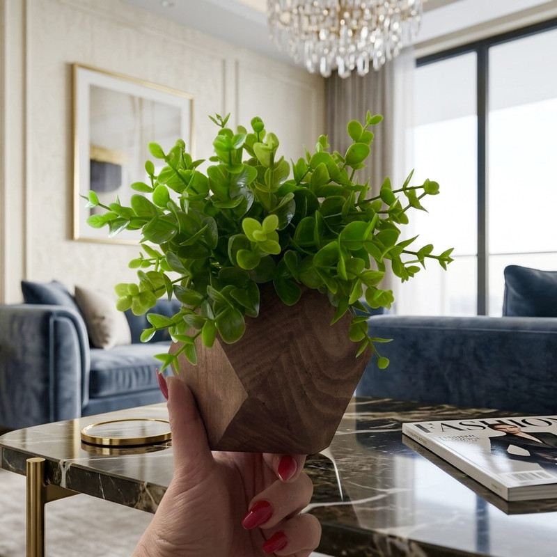 گلدان چوبی رومیزی به همراه گل مصنوعی 8 ضلعی کد 529 مناسب فضای باز، ابعاد 10×10×15 سانتی‌متر، وزن 200 گرم