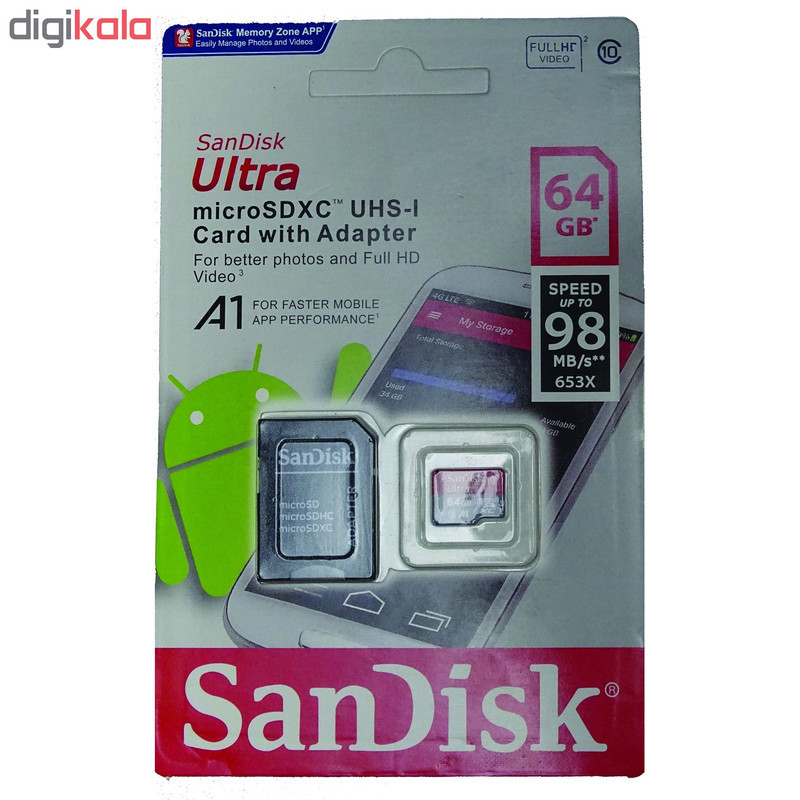 کارت حافظه microSDXC سن دیسک مدل Ultra A1 کلاس 10 استاندارد UHS-I سرعت 98MBps ظرفیت 64 گیگابایت به همراه آداپتور SD