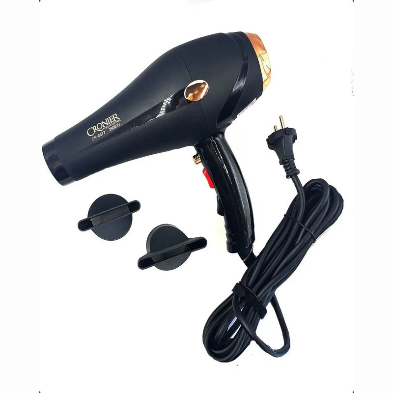 سشوار خانگی 2500 وات کرونر مدل CR-6677، موتور AC، وزن 540 گرم، دارای سری متمرکز‌کننده باریک، متمرکز‌کننده پهن با ویژگی صاف‌کنندگی، حجم‌دهندگی، با قابلیت فناوری تولید یون
