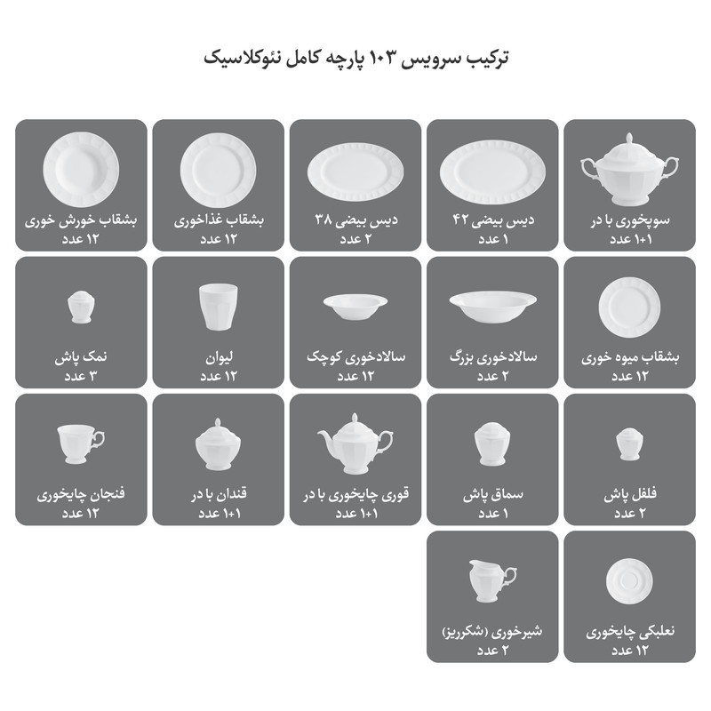 سرویس غذاخوری چینی زرین ایران مدل 103 پارچه نئوکلاسیک گلاریس درجه عالی
