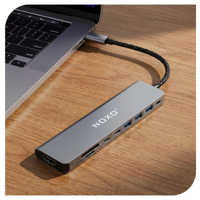 هاب 9 پورت USB-C نوکسو مدل HUB-N1 9in1 با پشتیبانی شارژ PD 100 وات، HDMI 4K، USB 3.0 و کارت‌خوان SDTF