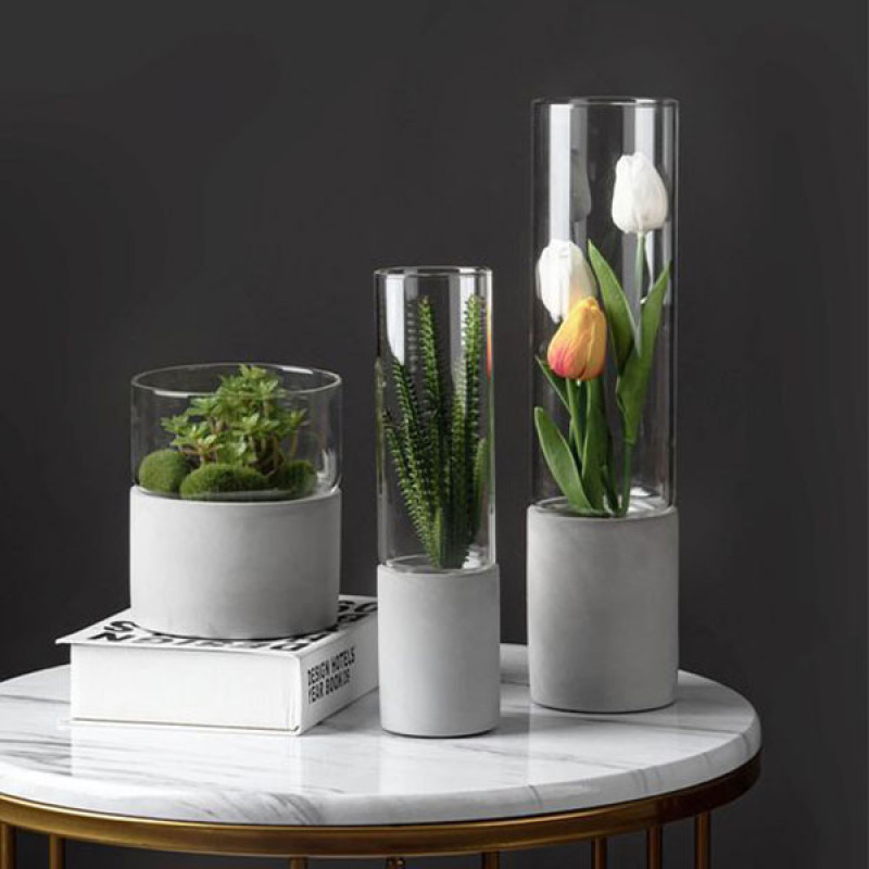 گلدان دکوری شیشه‌ای استوانه‌ای مدل 0815، ایستاده و رومیزی، مناسب کاکتوس و گیاهان آپارتمانی، ابعاد 8×8×15 سانتی‌متر، وزن 200 گرم