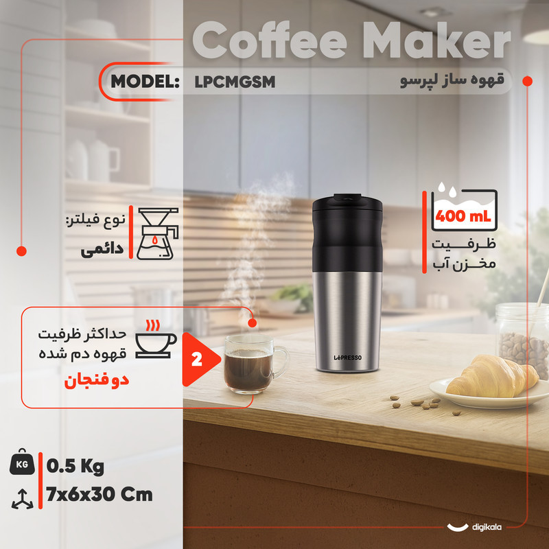 قهوه‌ساز لپرسو مدل LPCMGSM، با فیلتر دائمی، دارای آسیاب قهوه